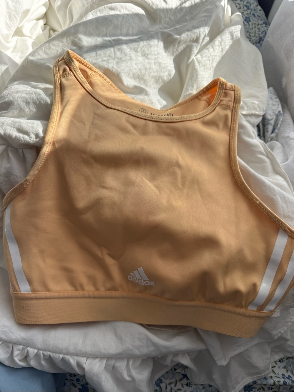 adidas Peach High-Neck Sports Bra with White Stripes